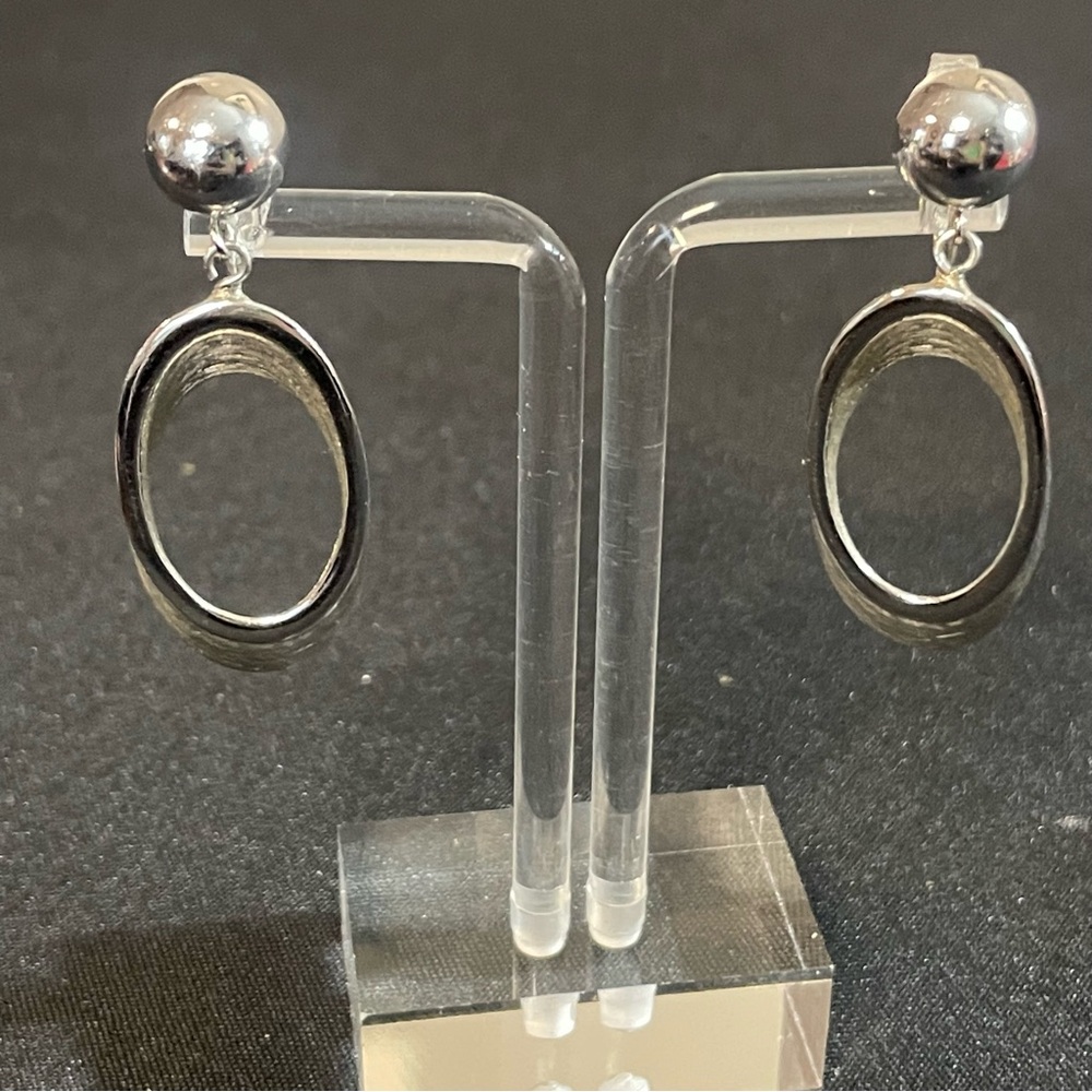 Vintage Signed Trifari Oval Dangle Brushed Silver Tone Clip-on Earrings